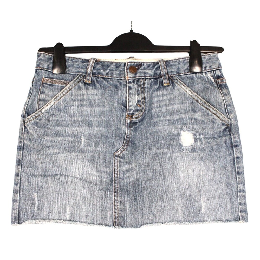 EXPRESS X2 LABORATORY Denim RAW HEM Destroyed POCKETS Mini Blue Jean Skirt Sz 4